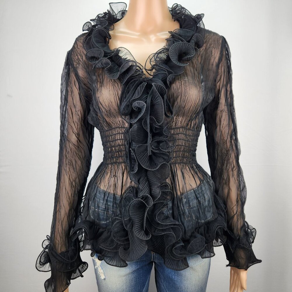 FEMME Black Sheer Ruffle Blouse, Stretchy Gothic Lolita Y2K Coquette Sz S